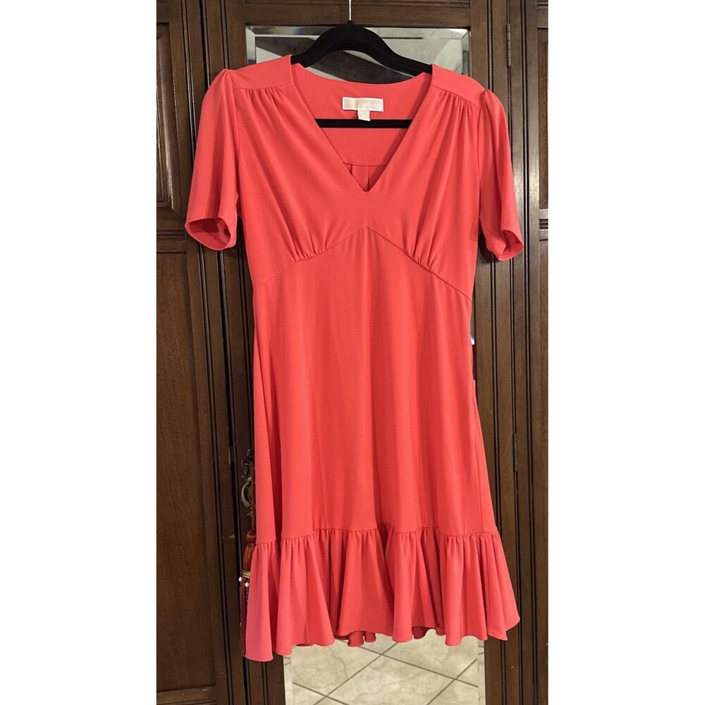 Michael Kors Women's Dark Coral Short Sleeve Dress Ruffle Hem Size M